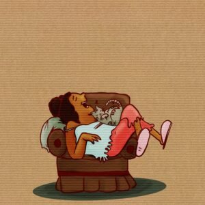 Cartoon of a woman and a cat sleeping